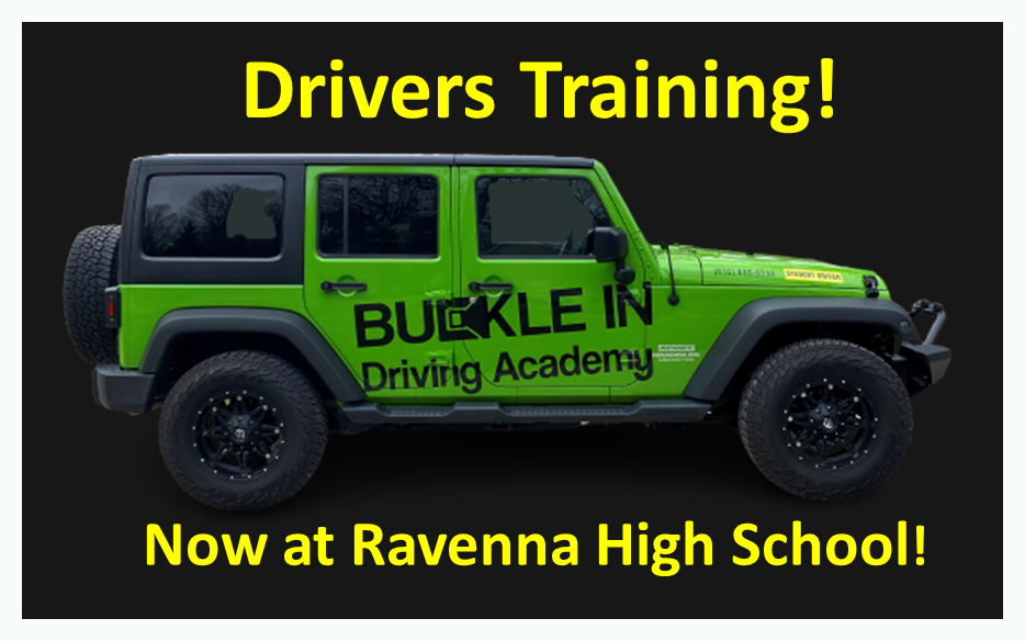 Green jeep with labeled as Buckle in Driving Academy.